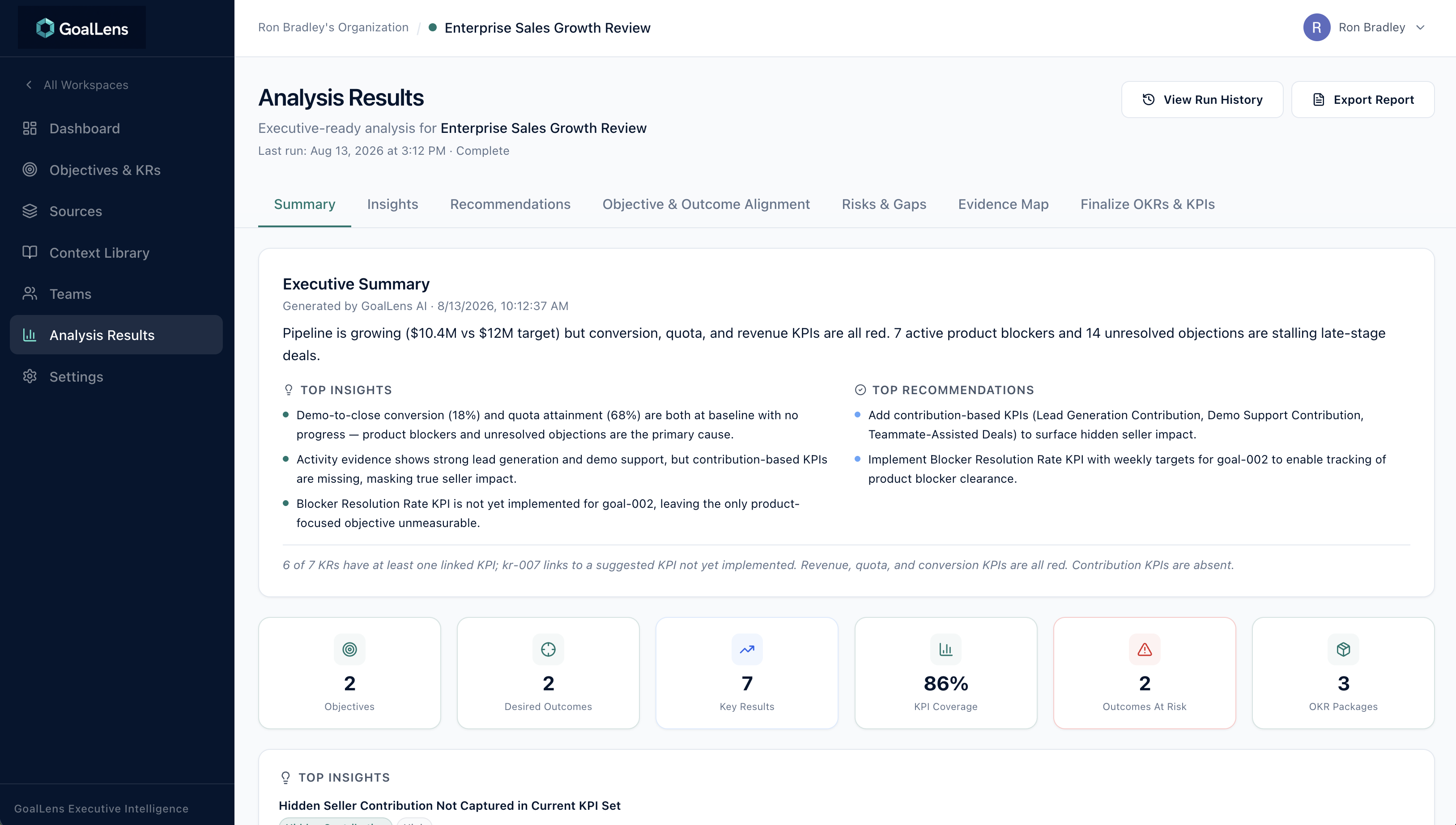 Analysis results summary with insights and recommendations